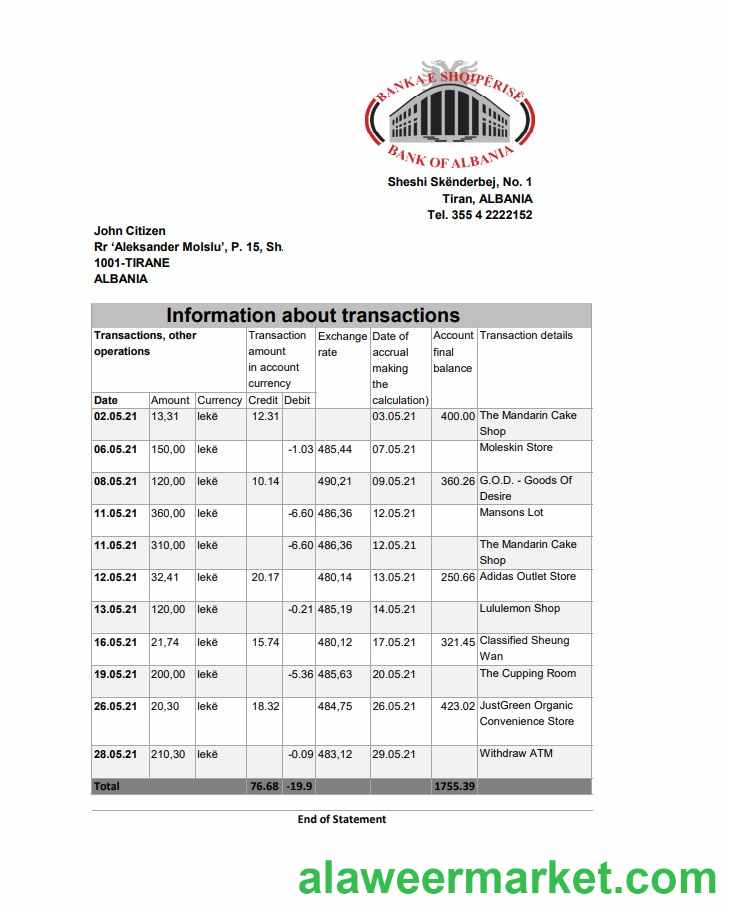 Albania Bank of Albania bank statement template in Excel an PDF format